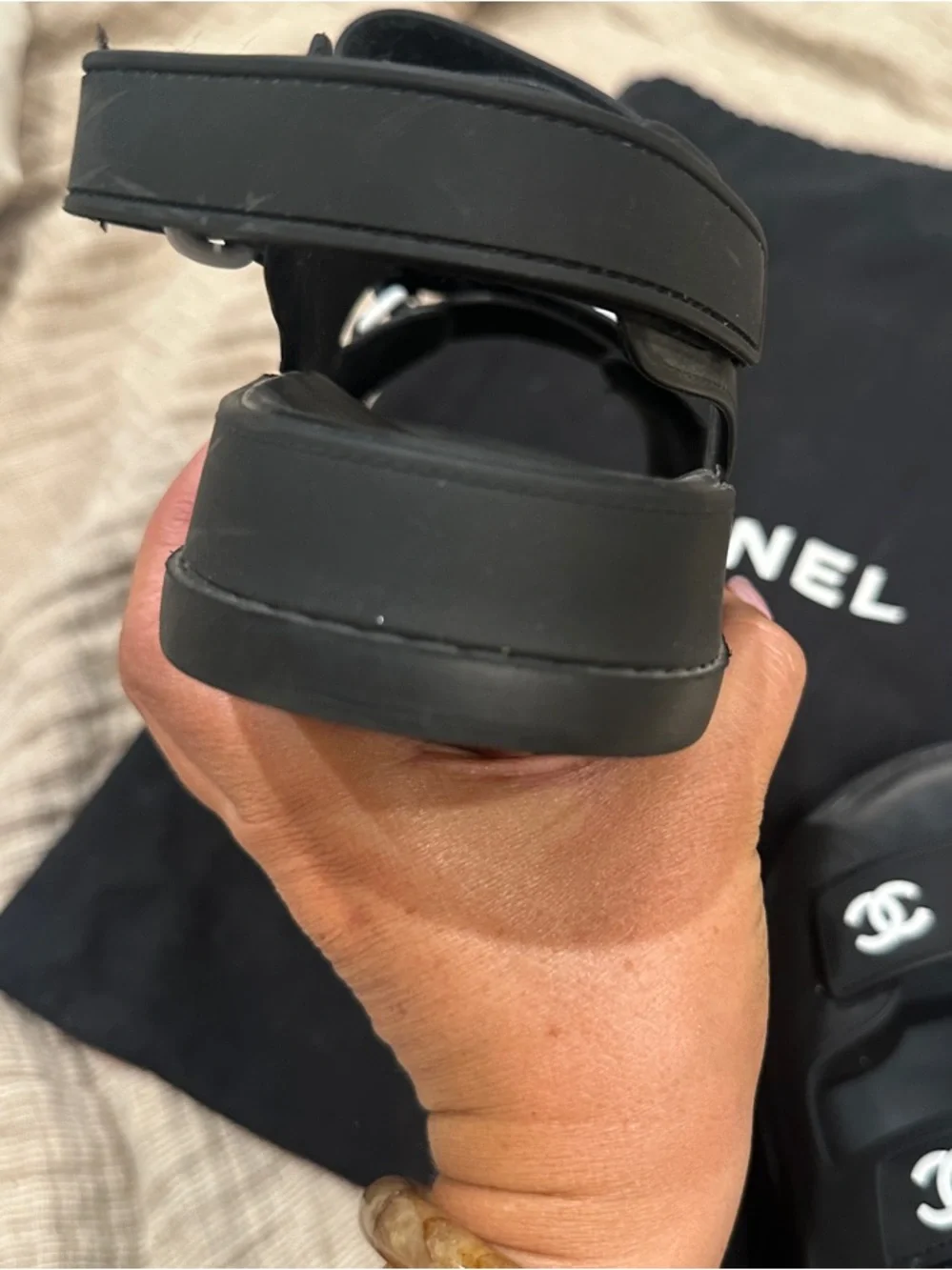 CHANEL Dad- Black Rubber Double-Strap Sandals